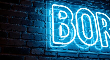 Obraz premium Close up of a bright blue neon sign on a brick wall with the word border partially seen