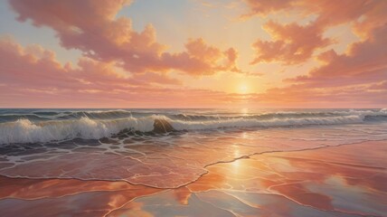 Sunset on a quiet coast with golden light reflecting off gentle waves and soft clouds casting a warm glow