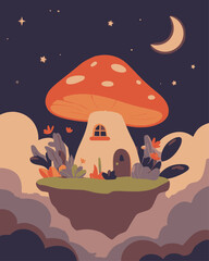 Whimsical Mushroom House Illustration Under Starry Night Sky
