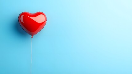 A red heart-shaped balloon drifting away in the sky against a clear blue backdrop