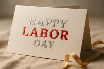 horizontal greeting card with embossed &ldquo;HAPPY LABOR DAY&rdquo; text in metallic foil red and silver
