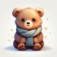 Cute Teddy Bear: A charming teddy bear wearing a scarf, with a cute face and gentle eyes, it exudes warmth and affection, perfect for capturing a sense of joy and love.