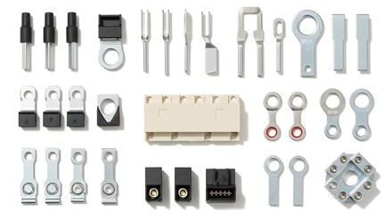 A collection of various metal and plastic electrical components arranged on white surface