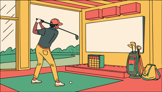 Indoor screen golf driving range background. A back view of a person practicing a golf swing in front of a screen. 