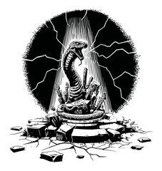 Dramatic Engraving of Serpent Emerging from Cracked Landscape in Black and White