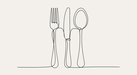 Continuous Line Drawing of Fork, Knife, and Spoon