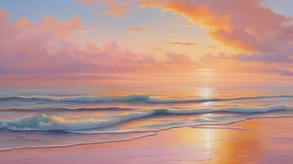 Sunset on a quiet coast with golden light reflecting off gentle waves and soft clouds casting a warm glow