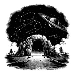 Intricate Engraving of Celestial Landscape with Stars and Rock Arch