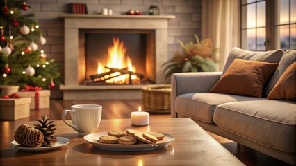 Fototapeta premium Cozy Living Room Scene with Fireplace and Couch, relaxation, cookies, relaxation, cookies