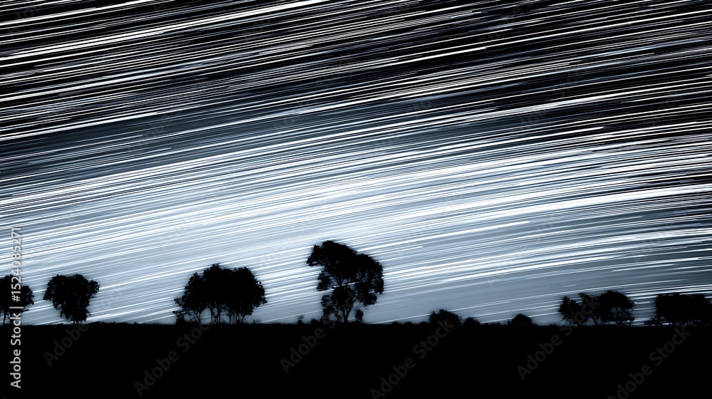 Wall mural star trails and silhouetted tree line