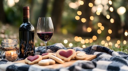 A romantic picnic scene with heart-shaped cookies and a bottle of wine placed on a checkered blanket