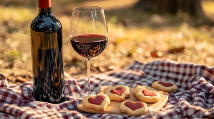 A romantic picnic scene with heart-shaped cookies and a bottle of wine placed on a checkered blanket