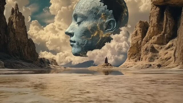 Contemplative vision a surreal mindscape in a desert oasis reflects inner peace