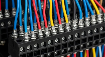 Close up of electrical wiring with blue red and yellow cables connected to terminal block