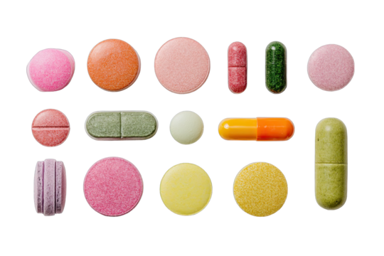 Assorted pills and capsules of various colors and shapes, top view