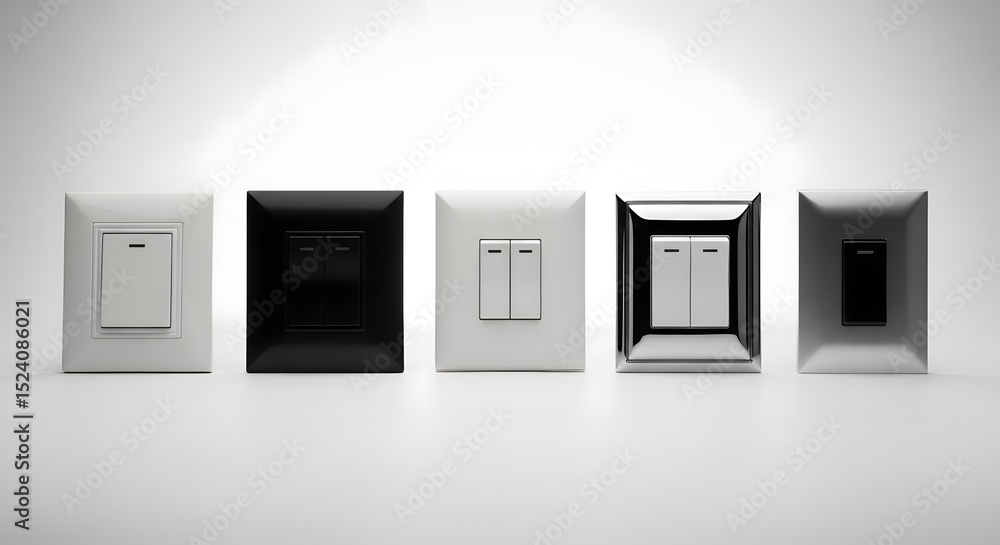 Poster a row of five different colored light switches on a white surface in a studio setting