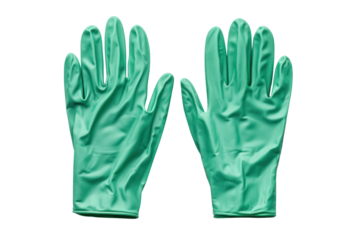 Pair of Protective Gloves: Isolated view of a pair of green medical gloves, symbolizing safety and hygiene, poised for use in a healthcare or laboratory setting.