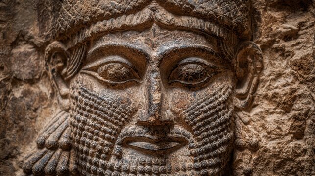 A detailed depiction of an Assyrian king can be observed, featuring elaborate patterns on the face and attire within a historical location. The craftsmanship reflects ancient artistry