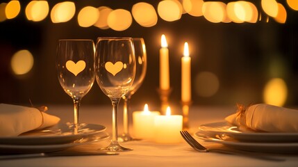 A candlelit dinner for two with heart-shaped candles flickering softly in the background