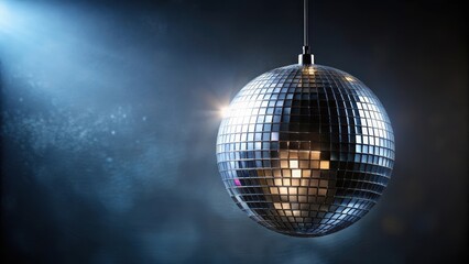Fototapeta premium A shiny silver disco mirror ball hanging from a ceiling fixture in a dimly lit room with dark colors, silver ball, disco mirror ball