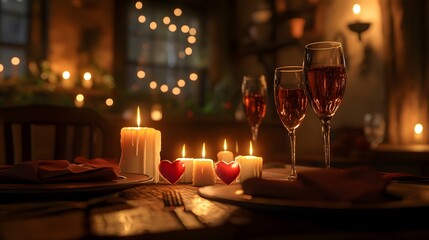 A candlelit dinner for two with heart-shaped candles flickering softly in the background