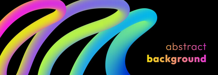 Vibrant abstract background with colorful gradient lines, smooth tubular shapes and black backdrop. Fluid vivid wavy rainbow ribbon in the form of loops or spirals. Trendy dynamic futuristic banner