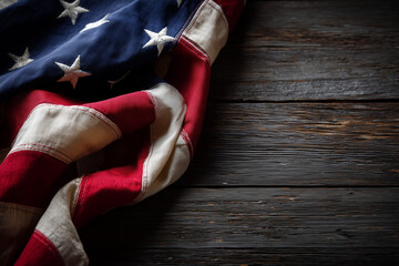 American Flag Draped on Wooden Table in Dramatic Light - 4th of July
