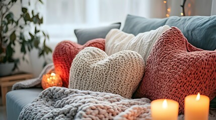 A cozy home setting with heart-shaped pillows placed on a couch and a soft throw blanket