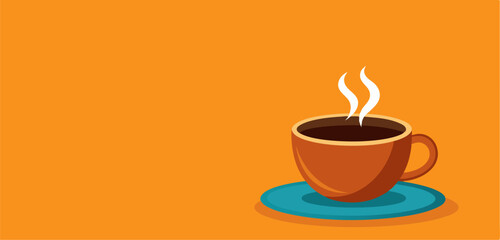 Illustration of a red or reddish orange coffee cup with a cartoon character. This image is very cheerful and inviting, depicting a lively and happy cup of coffee, as if ready to brighten up the day.