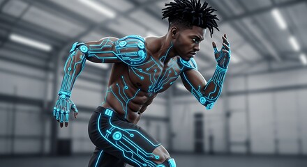 Illustration of a cybernetic athlete charging up with energy circuits