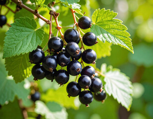 Clusters of ripe, glossy blackcurrants hang heavily from the branches, surrounded by vibrant green leaves, basking in the soft sunlight of a lush garden.