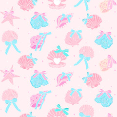 Retro coquette Summer seamless pattern seashells with bow in pastel beach vibe for cute girly fabric and digital surface design