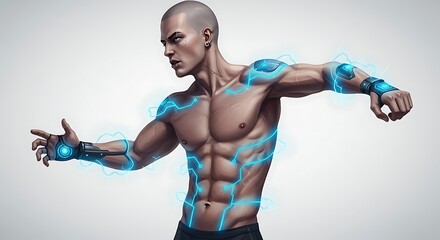 Illustration of a cybernetic athlete charging up with energy circuits