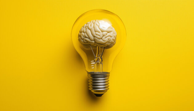Sobre um fundo amarelo, uma l&acirc;mpada com um c&eacute;rebro dentro simboliza a inova&ccedil;&atilde;o e o poder das ideias