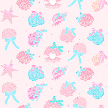 Retro coquette Summer seamless pattern seashells with bow in pastel beach vibe for cute girly fabric and digital surface design