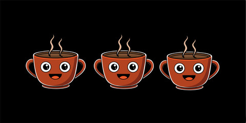 Illustration of a red or reddish orange coffee cup with a cartoon character. This image is very cheerful and inviting, depicting a cheerful and happy cup of coffee, as if ready to brighten up the day.