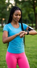 Female runner checking fitness stats on AI-powered smartwatch after morning jog