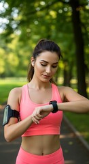 Female runner checking fitness stats on AI-powered smartwatch after morning jog