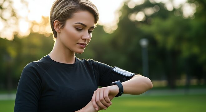 Female runner checking fitness stats on AI-powered smartwatch after morning jog