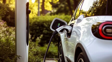 Electric vehicle charging at a station surrounded by lush greenery, showcasing modern technology's role in promoting sustainable energy solutions and eco-friendly transportation options.