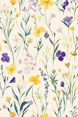 a pretty watercolor floral pattern, similiar to wrapping paper pattern, light spring colors like pastels, fresh light yellow, spring wildflowers 