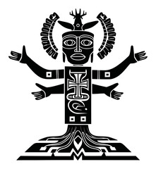 Intricate Black and White Engraving of a Multi-Armed Tribal Figure