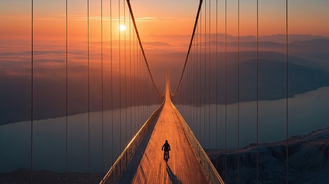 Cyclist riding across a suspension bridge during a vibrant sunset with a sea of clouds below