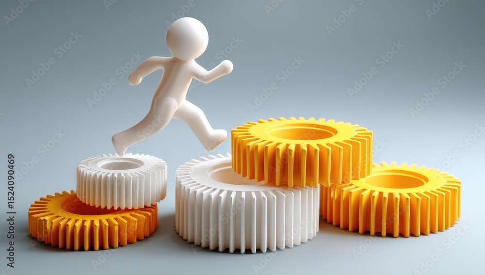Poster a 3d figure runs across large yellow and white gears, symbolizing progress and teamwork in a concept