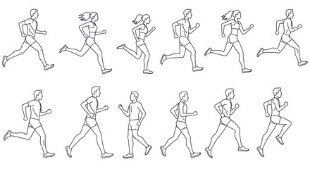 Line art of running male and female figures in athletic poses vector illustration