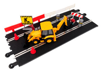 Slot car racing track road repair scene with excavator and work crew figures isolated on a white background