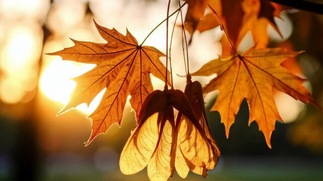Sunlit maple leaves and seeds, showcasing vibrant autumn colors and translucent textures against a warm bokeh background, capturing nature's transition during fall season.