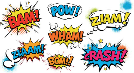 Vibrant comic book sound effects with colorful alerts and speech bubbles vector illustration