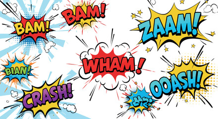 Colorful comic book sound effects with bam wham zaam crash graphics vector illustration
