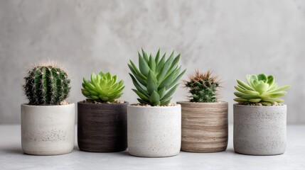 Obraz premium Succulents and cacti thrive in simple, modern pots arranged in a line. The display features earthy tones against a neutral background, showcasing the plants' vibrant textures and shapes